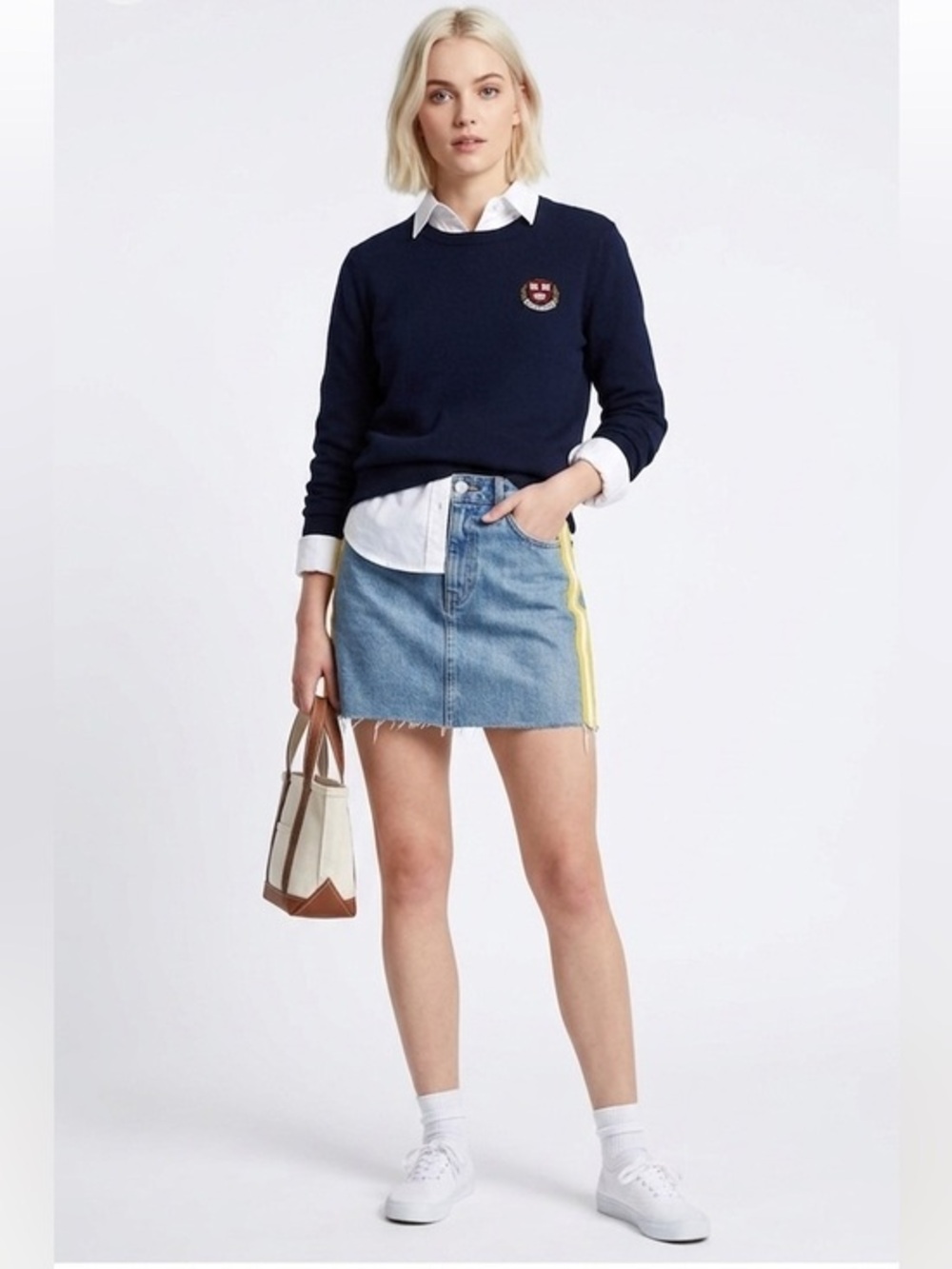 TopShop Highrise Preppy Blue & Yellow Striped Denim Mini Skirt Size 2 Cotton